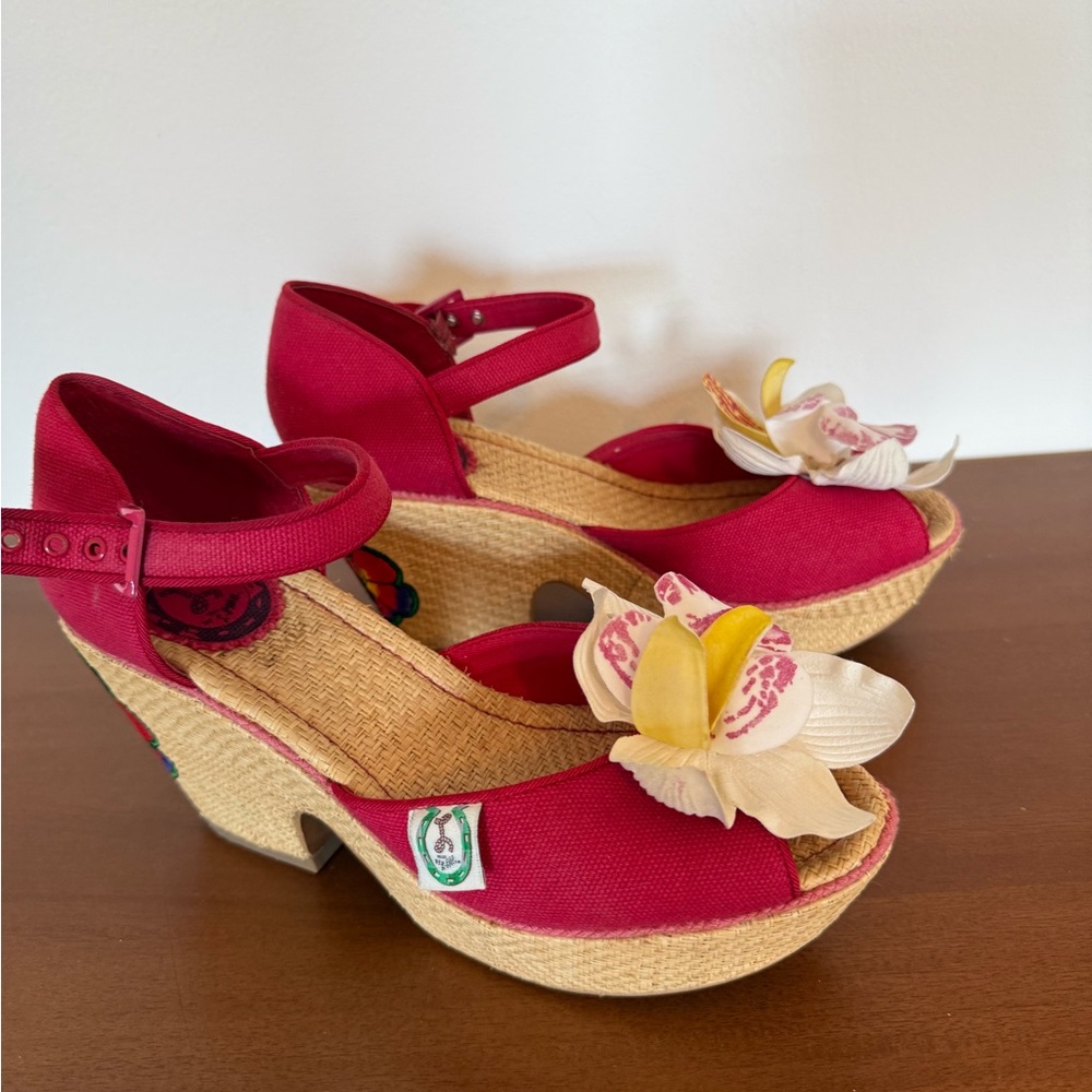 Fuchsia Canvas Wedge Sandals with Floral Accent